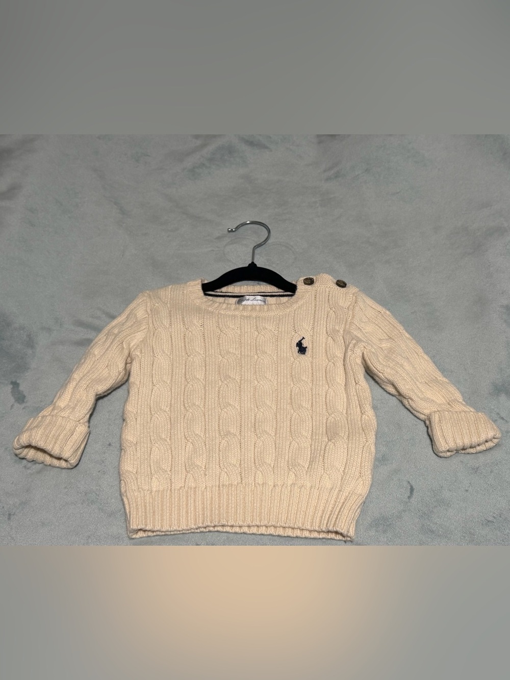 Ralph Lauren Cream Cable Knit Crewneck Sweater with Shoulder Buttons